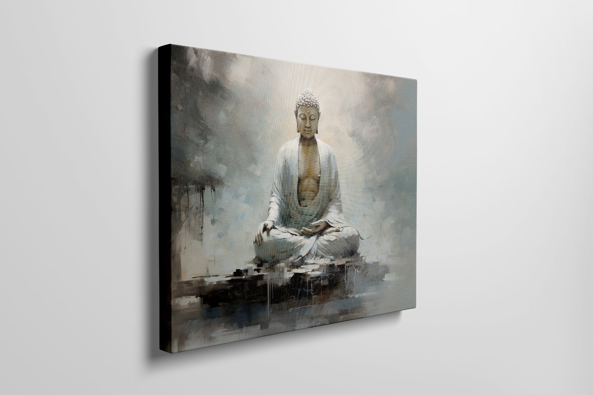 Framed canvas print of a serene Buddha in meditation with abstract, earthy tones