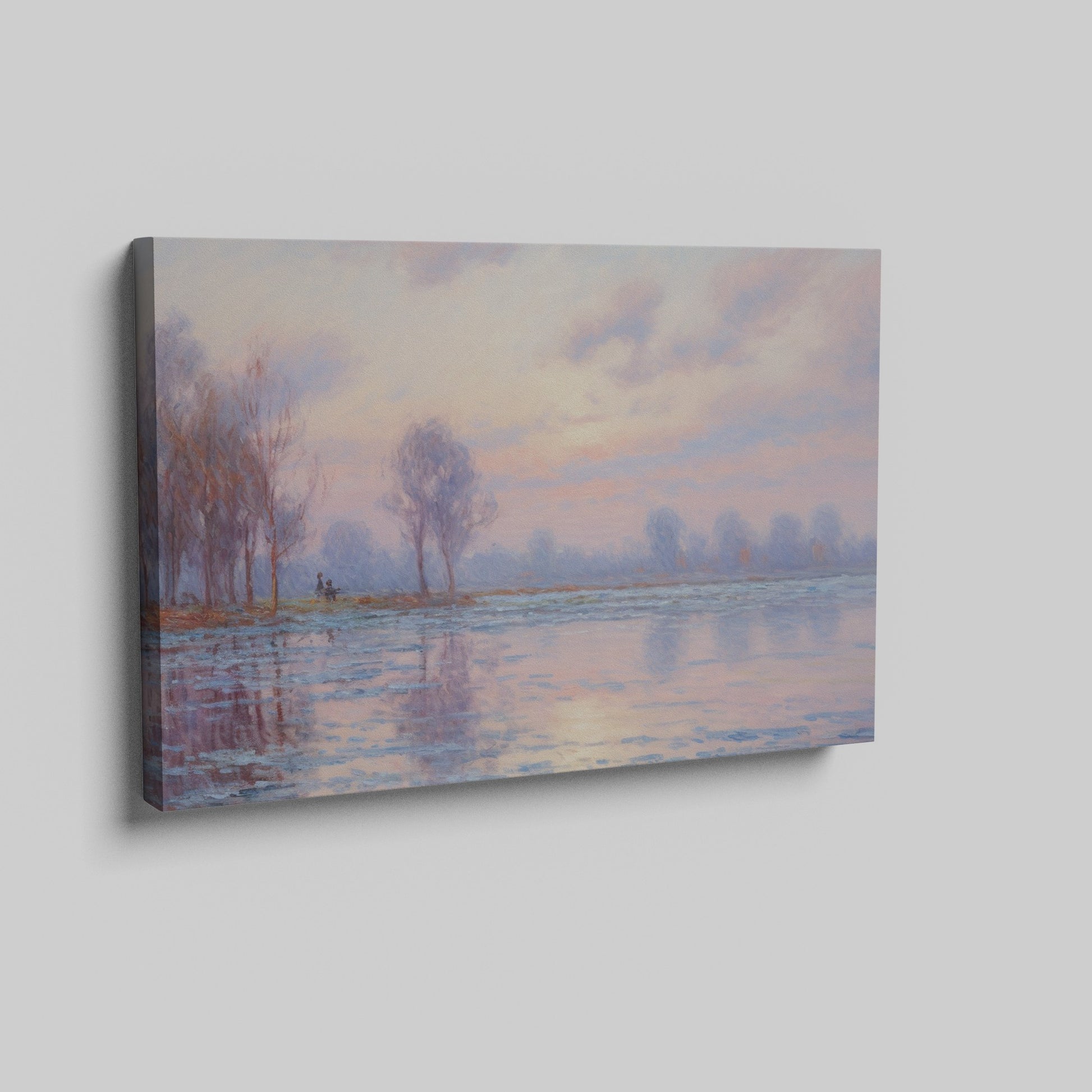 Pastel-hued landscape painting of a sunrise with reflections in the water and silhouetted trees.