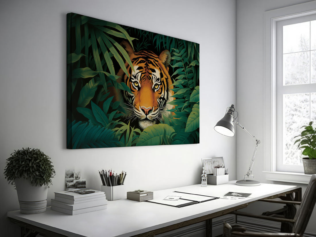 Canvas print of a tiger in a jungle with vivid green leaves around it
