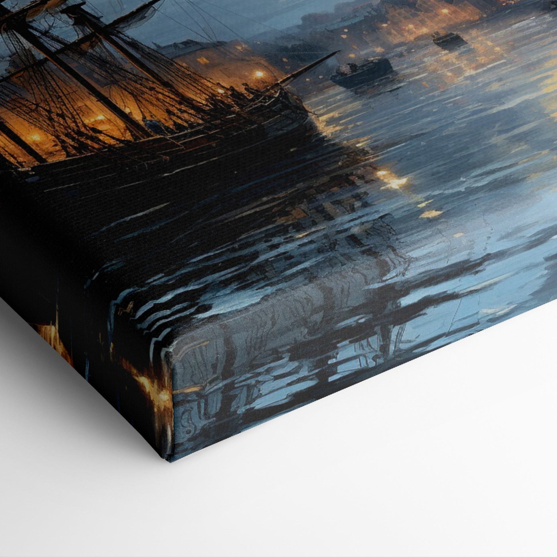 Framed canvas print of historical harbour at sunset with ships and city lights