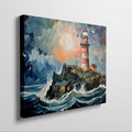 Framed canvas print of an abstract lighthouse seascape with vibrant sunset and dynamic brushstrokes