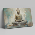 Canvas print of a meditating Buddha in beige and turquoise hues conveying serenity and spirituality.