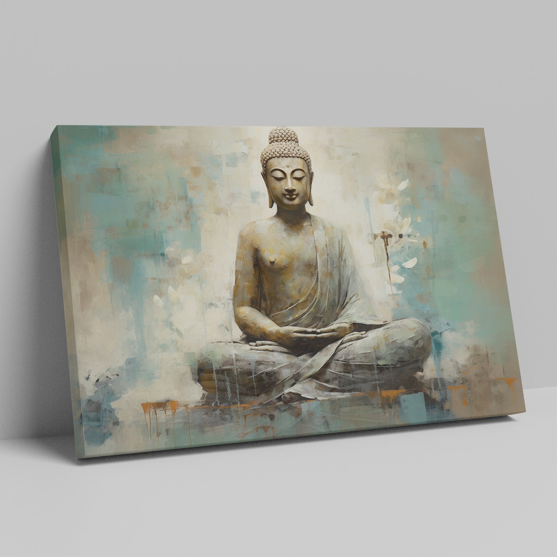 Canvas print of a meditating Buddha in beige and turquoise hues conveying serenity and spirituality.