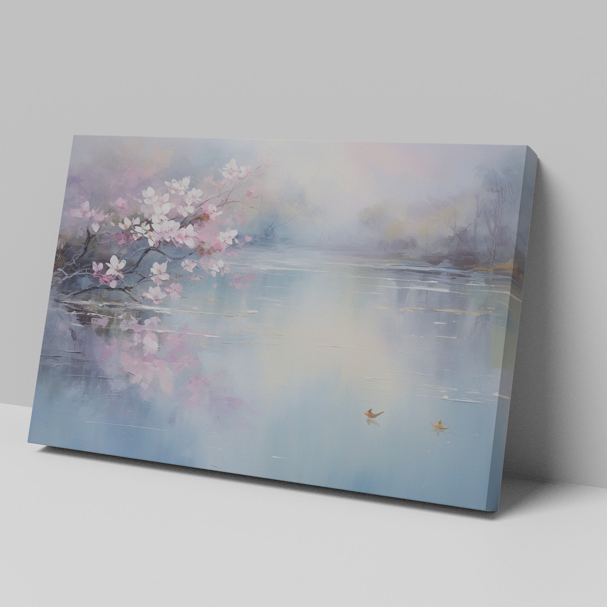 Framed canvas print of cherry blossoms over a tranquil lake with soft pastel colours and a pair of ducks