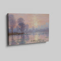 Impressionist-style painting of a peaceful river landscape at sunrise with reflections and tall trees.
