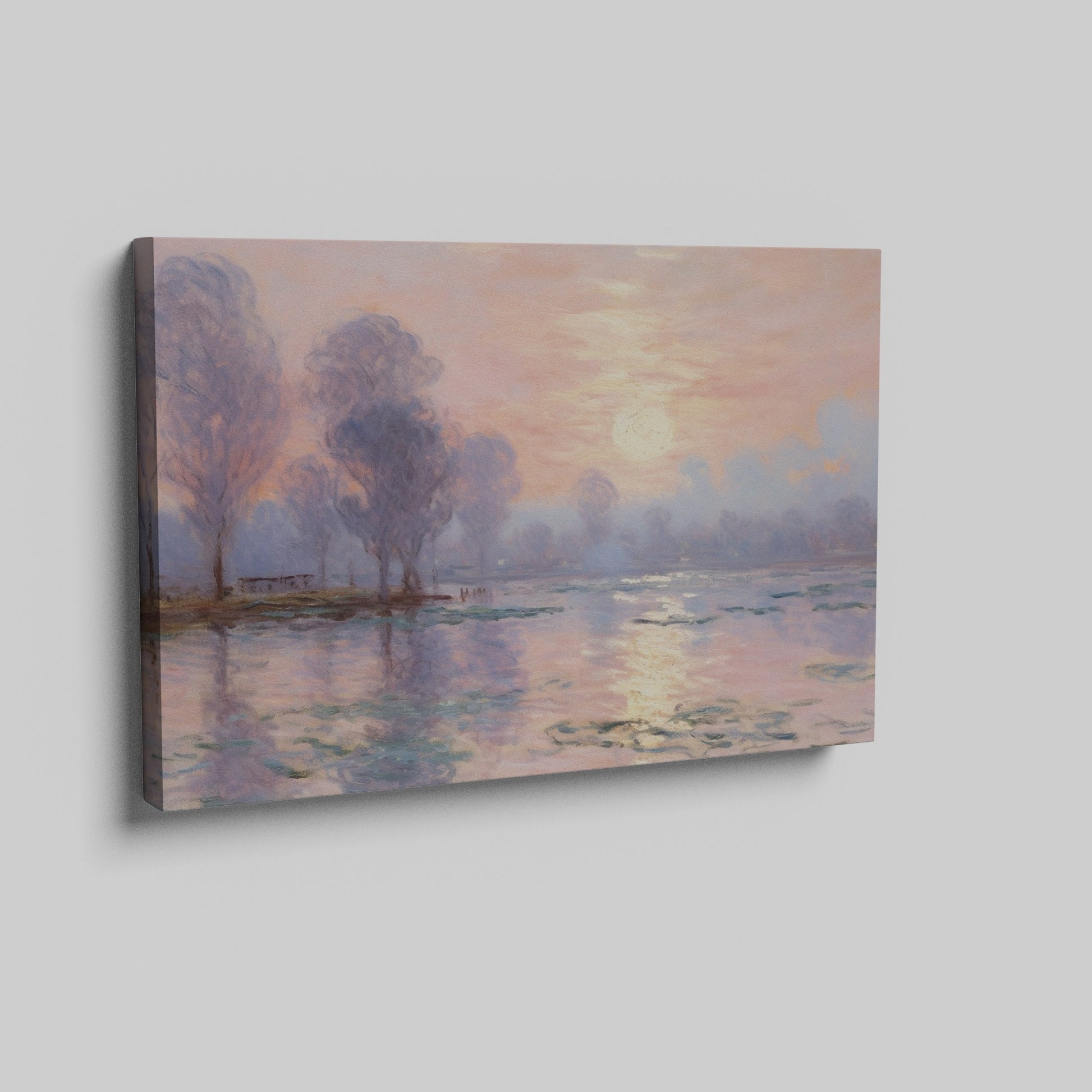 Impressionist-style painting of a peaceful river landscape at sunrise with reflections and tall trees.