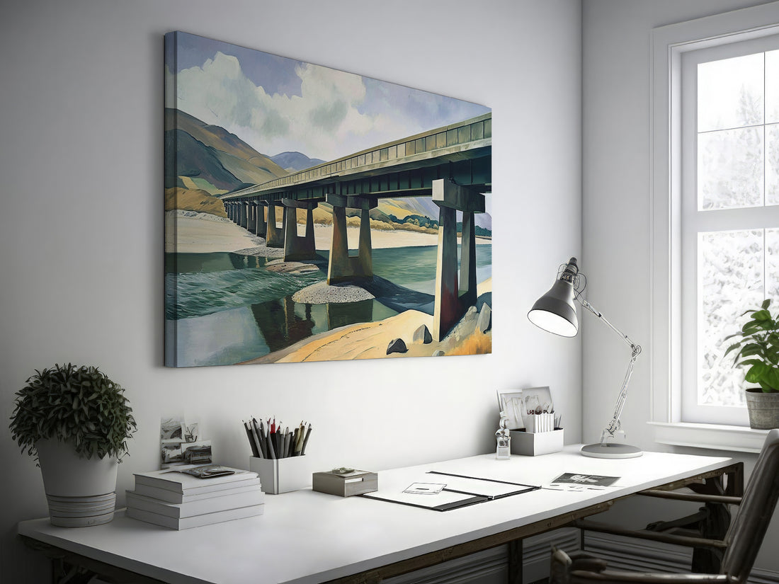 Framed canvas print of a serene countryside bridge over a river with mountain backdrop