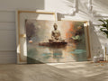 Framed canvas print of a serene Buddha in meditation with abstract watercolour lotus flowers and reflections