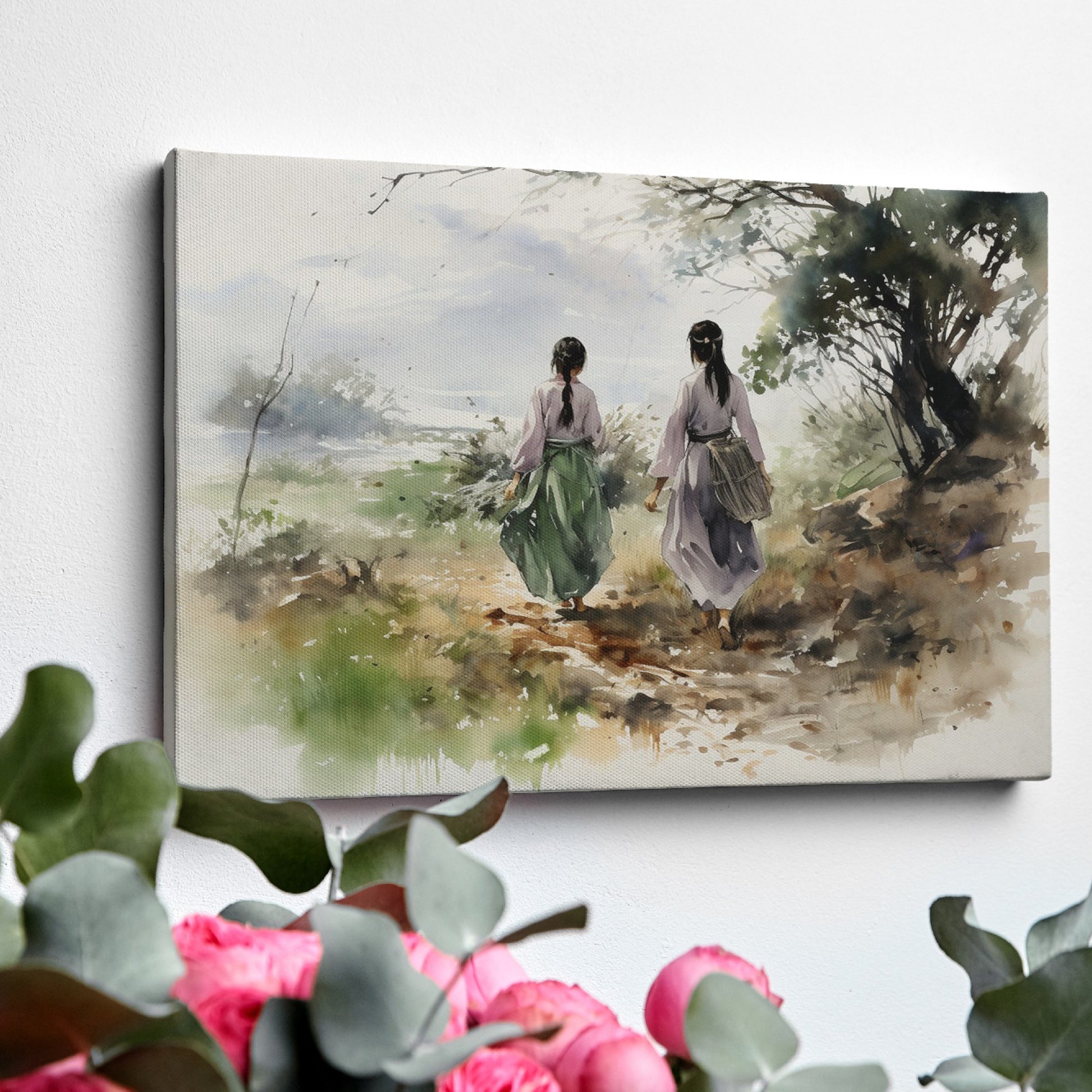 Watercolor painting of two figures in traditional attire walking through a natural landscape