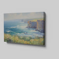 Framed canvas print of an impressionistic seascape with cliffs, wildflowers, and ocean
