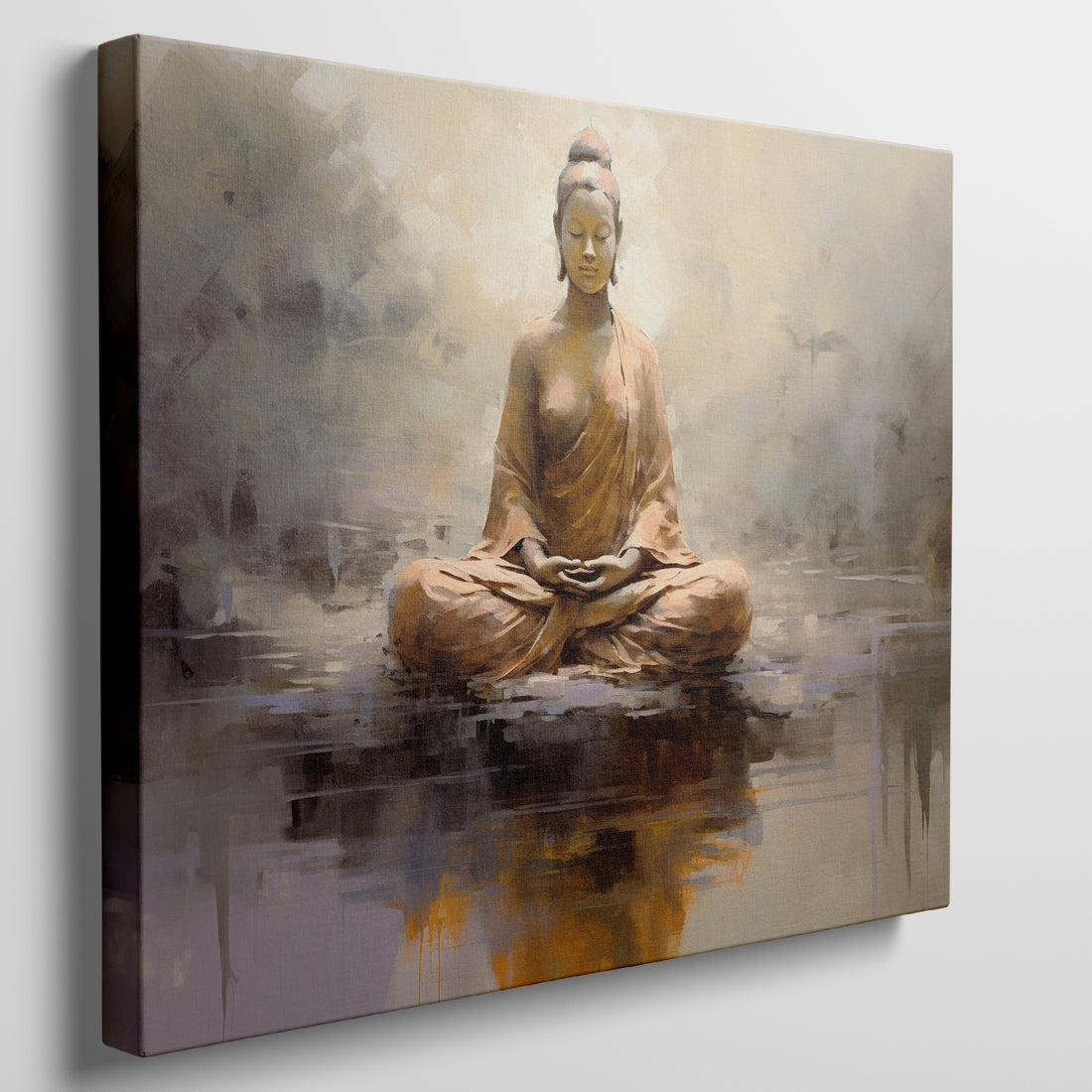 Canvas print of a meditating Buddha in warm amber and brown tones on a textured abstract background