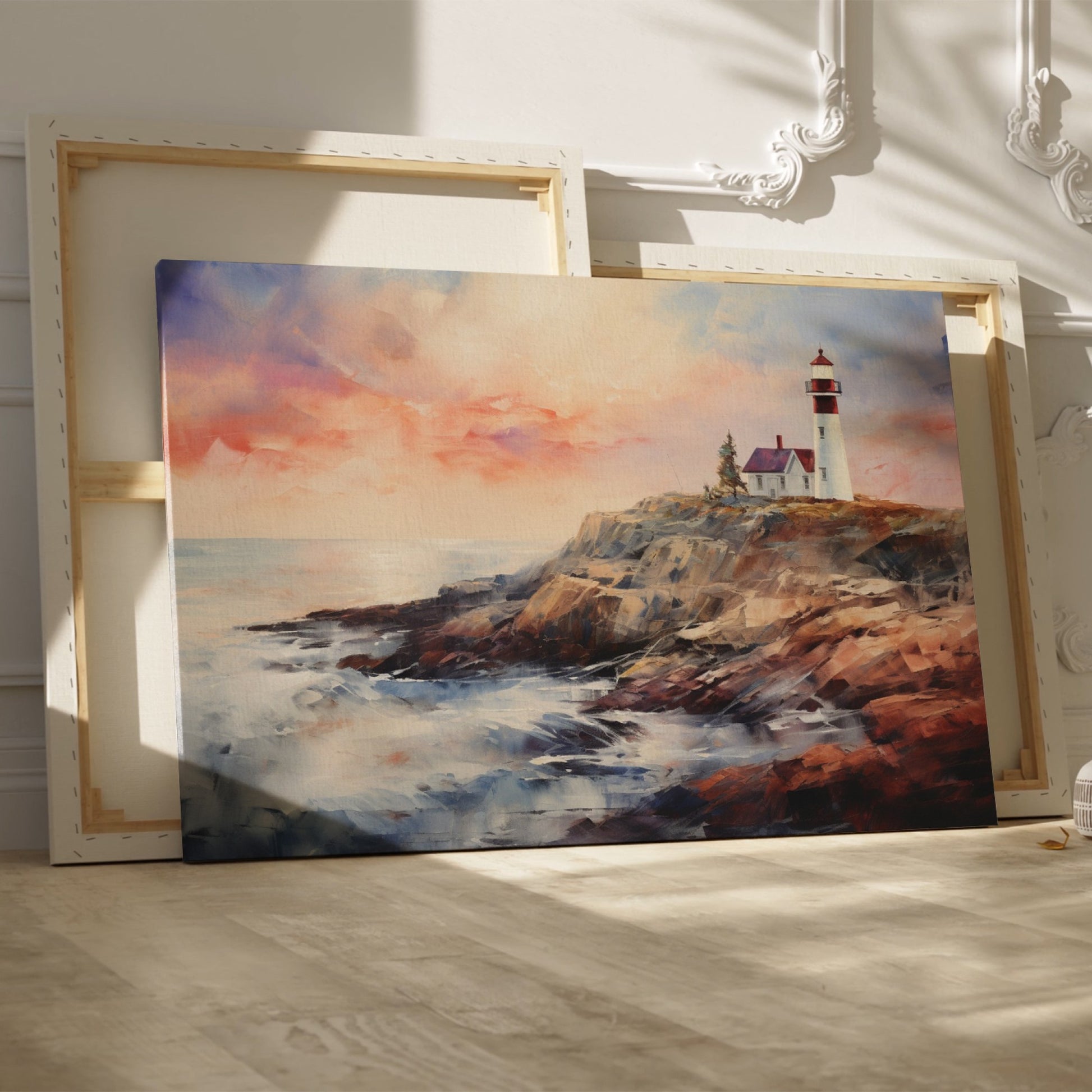 Framed canvas print of an impressionist lighthouse at sunset with vibrant colours