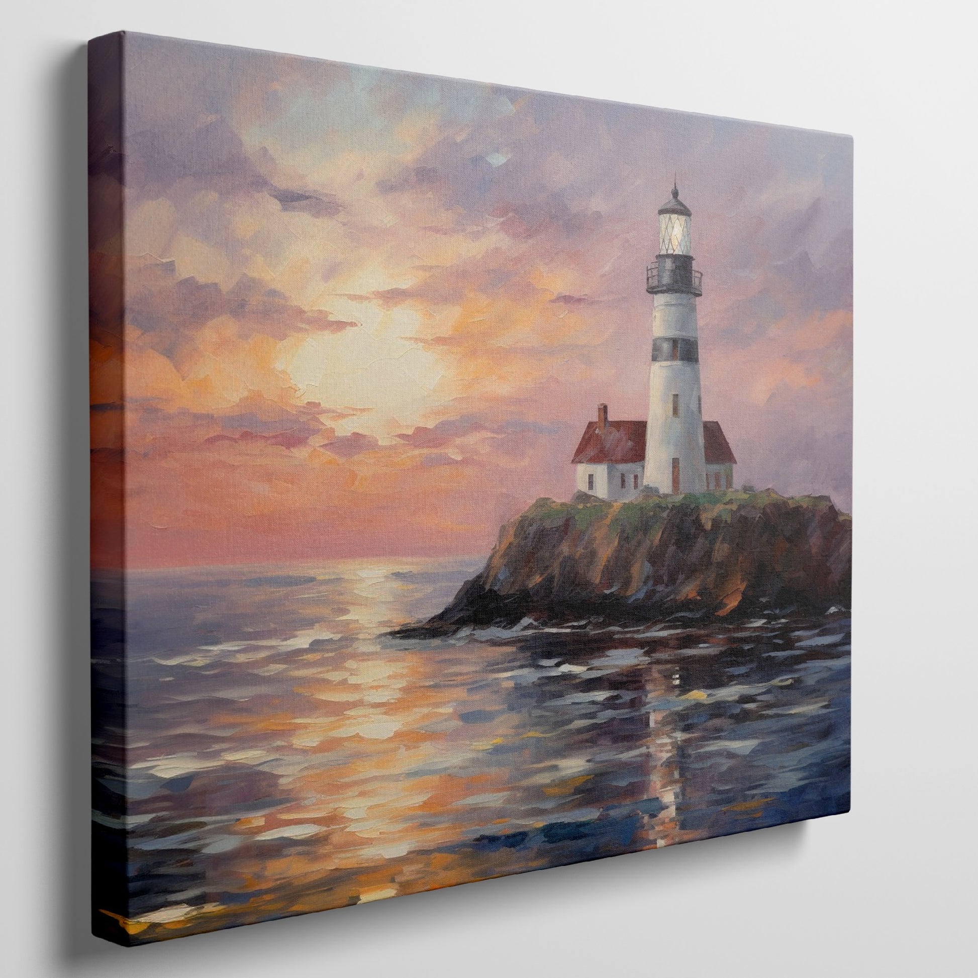 Impressionistic painting of a lighthouse on a cliff at sunset with vibrant orange, pink, and blue sky reflected in water