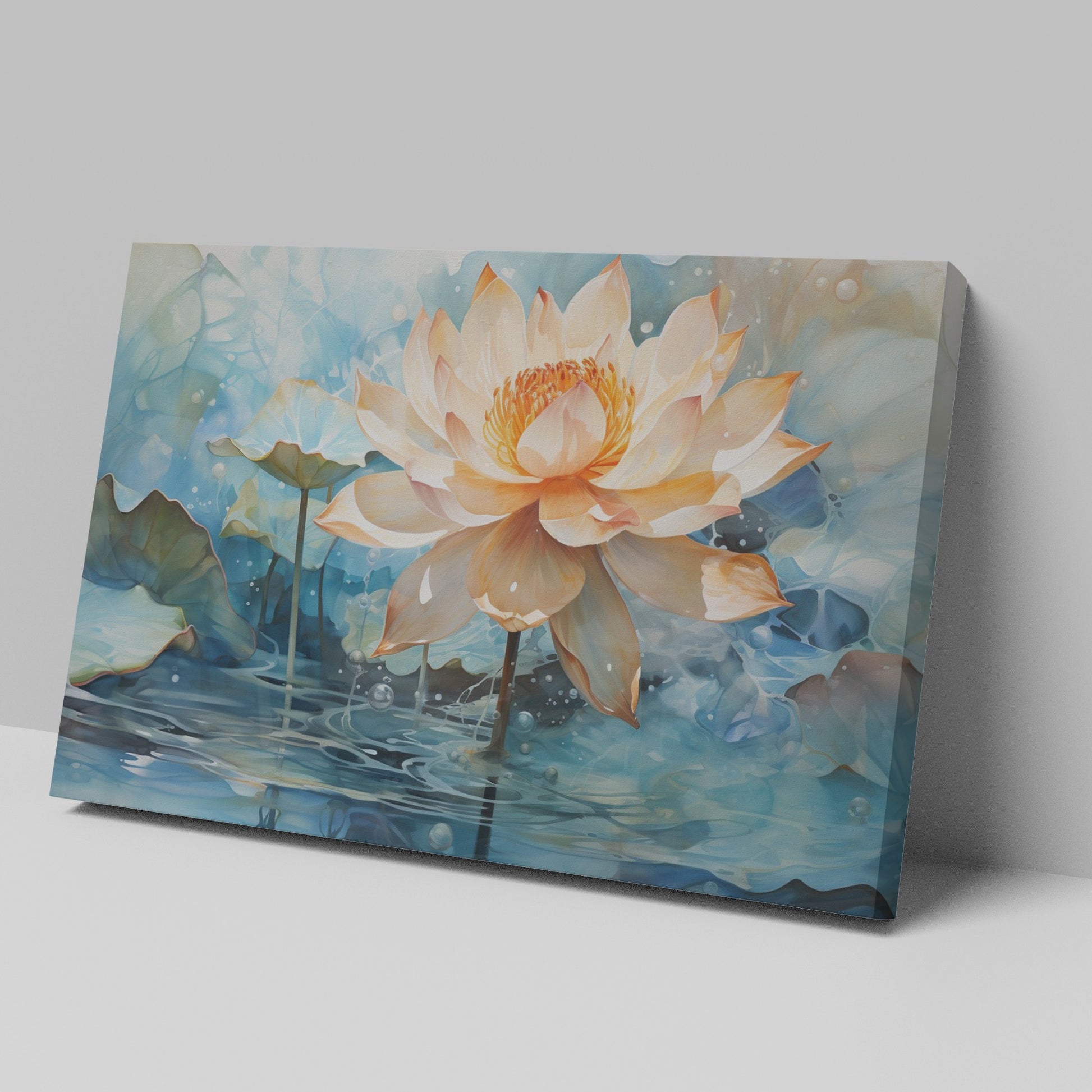 Framed canvas print of a blooming lotus flower with lush blue and orange hues