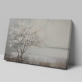Textured painting of a tree with white flowers and its reflection on water, on a beige and brown background