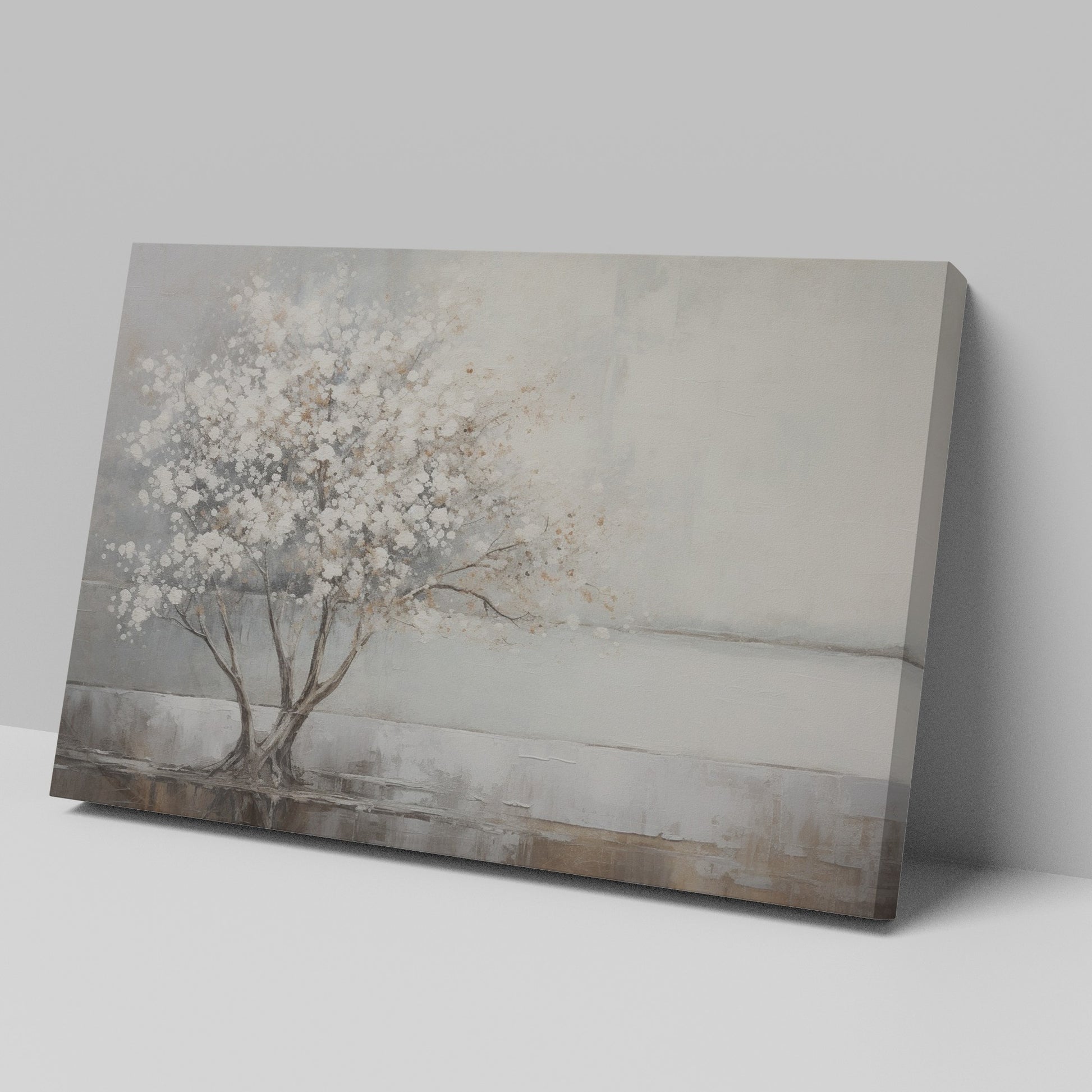 Textured painting of a tree with white flowers and its reflection on water, on a beige and brown background