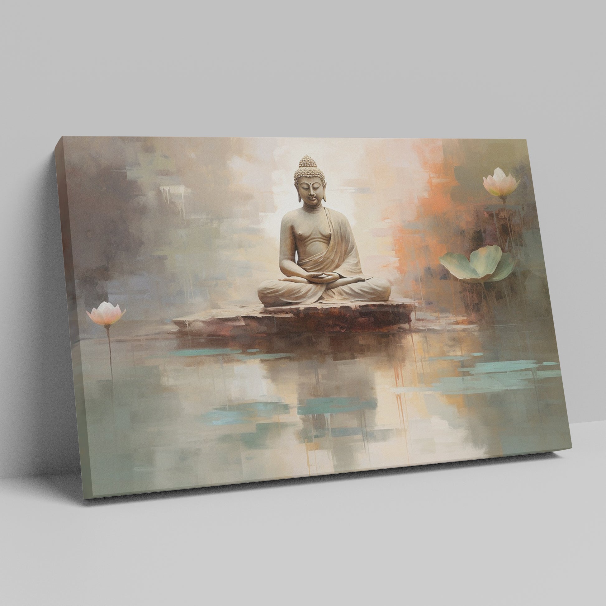 Framed canvas print of a serene Buddha in meditation with abstract watercolour lotus flowers and reflections