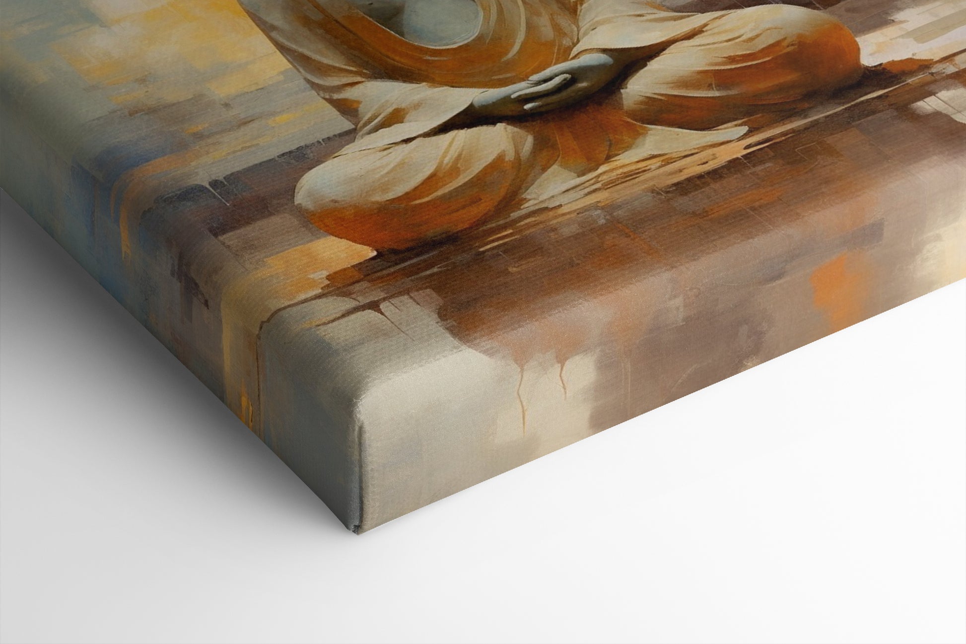 Framed canvas print of serene Buddha in meditation with abstract warm golden background