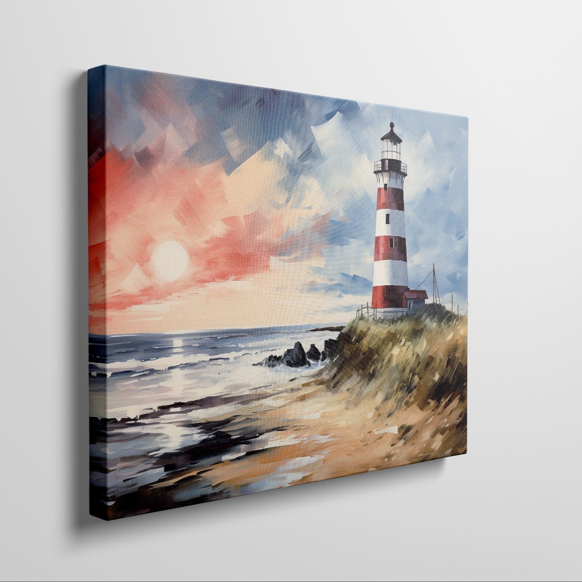 Impressionistic painting of a red and white lighthouse at sunset with vivid blue and orange sky