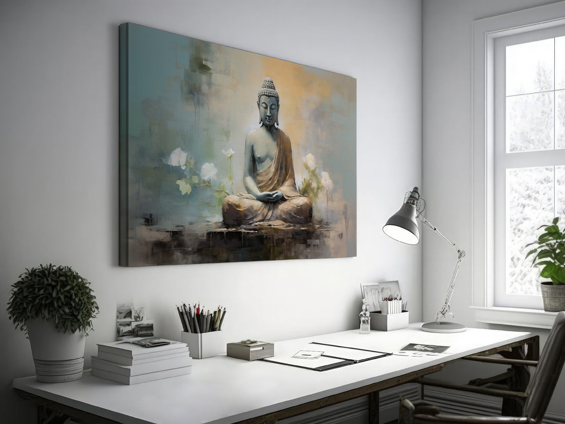 Serene Buddha in Meditation Canvas Art with Blue and Ochre Hues
