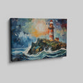 Framed canvas print of an abstract lighthouse seascape with vibrant sunset and dynamic brushstrokes