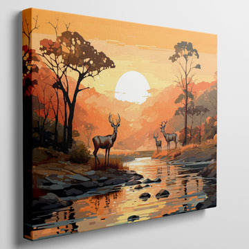 Illustrated woodland scene with deer by a river at sunset in orange and brown tones.
