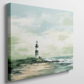 Impressionistic painting of a lighthouse on a coastal landscape with tranquil sea and sky