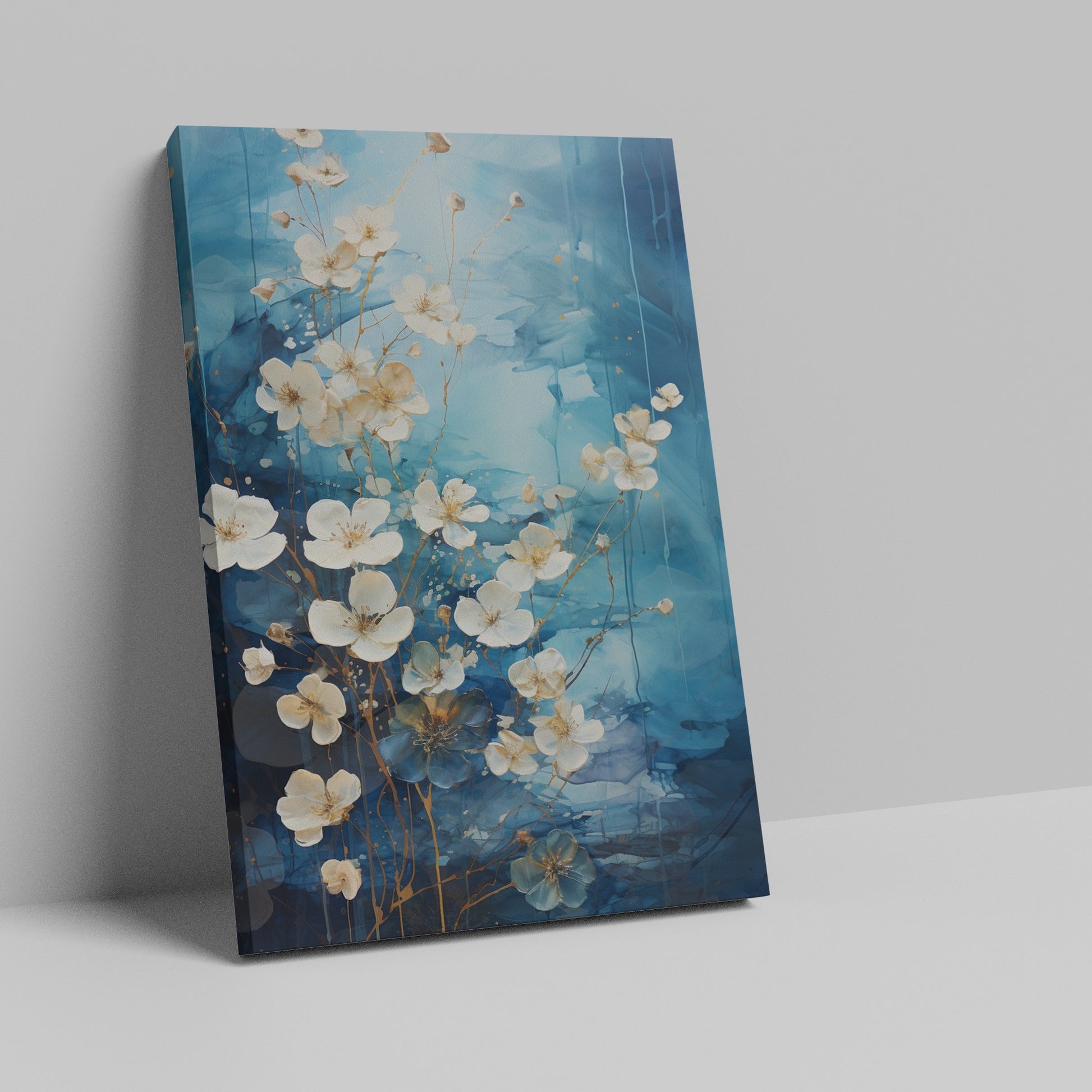 Framed canvas print of abstract blue and gold blossoms over a textured background