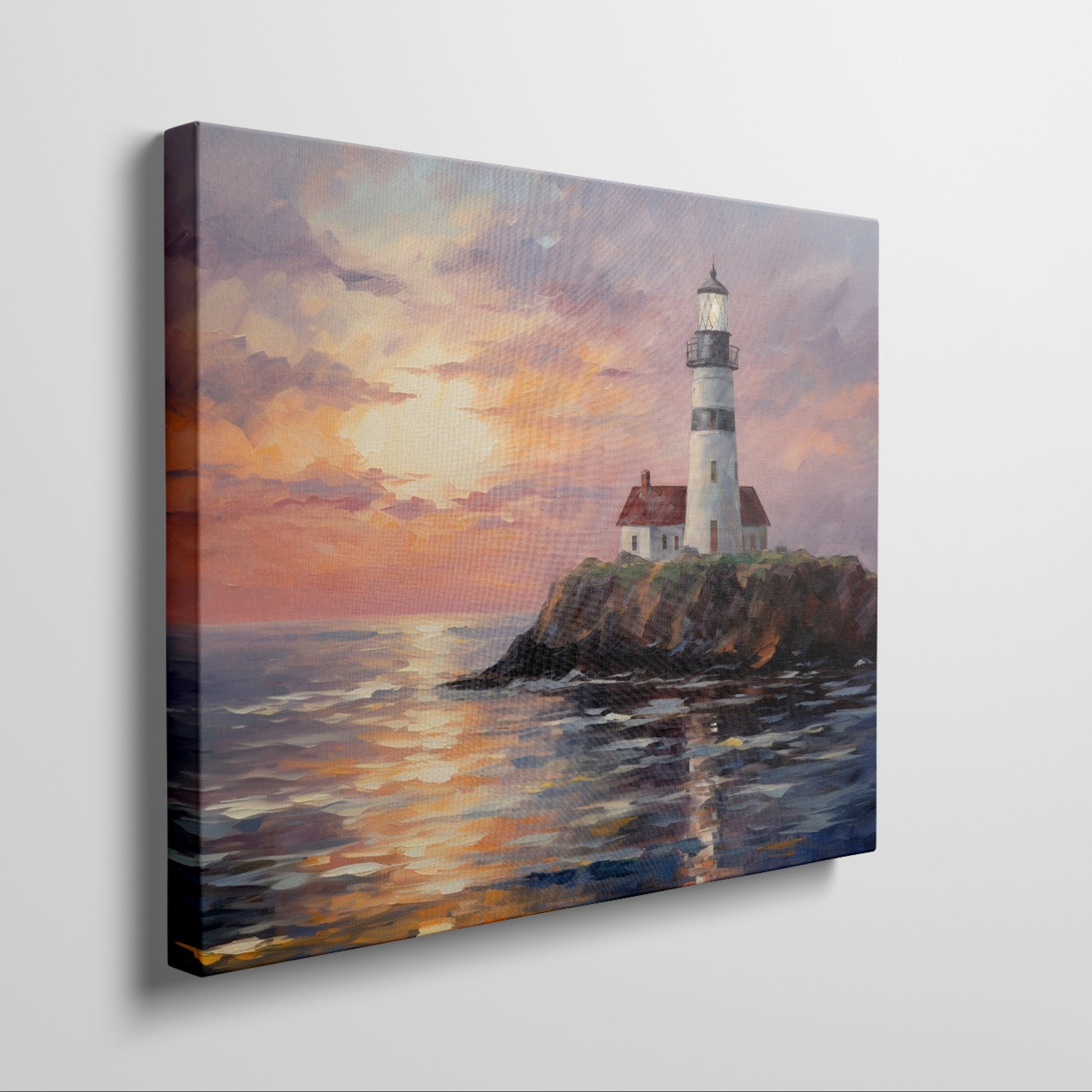 Impressionistic painting of a lighthouse on a cliff at sunset with vibrant orange, pink, and blue sky reflected in water
