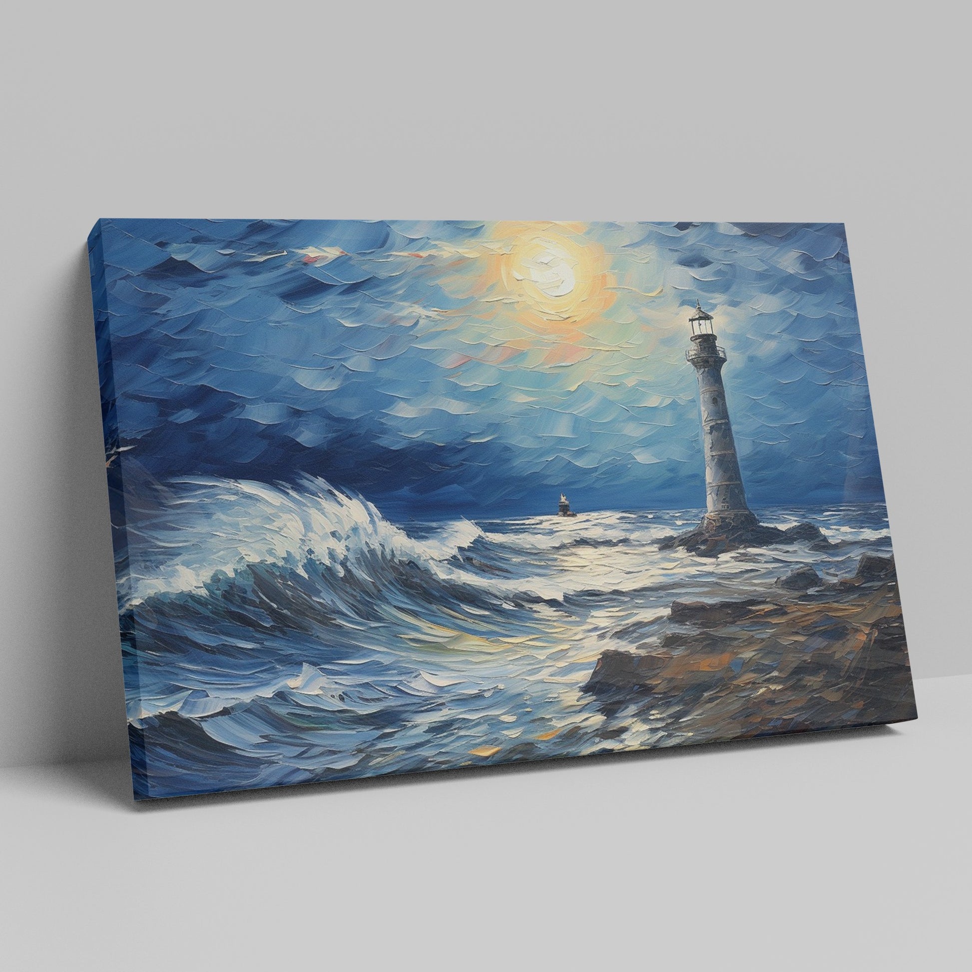 Framed canvas print of a vibrant impasto painting featuring a lighthouse at sunset with dynamic ocean waves