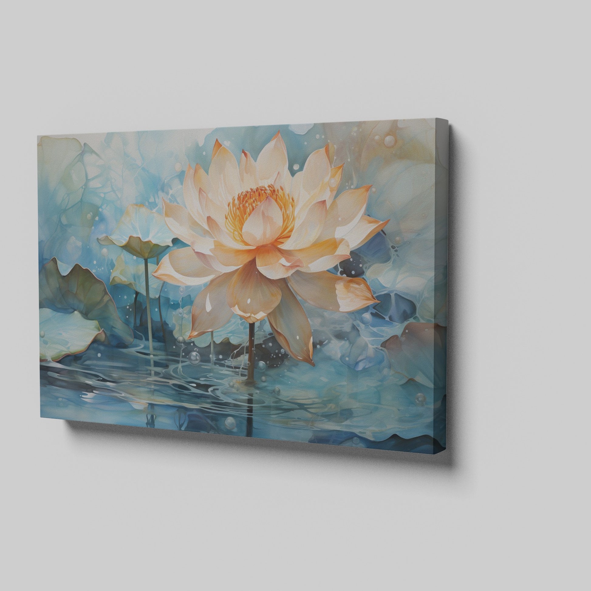 Framed canvas print of a blooming lotus flower with lush blue and orange hues