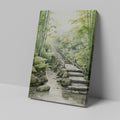 Framed canvas print of tranquil bamboo forest with arched bridge and stream in watercolour
