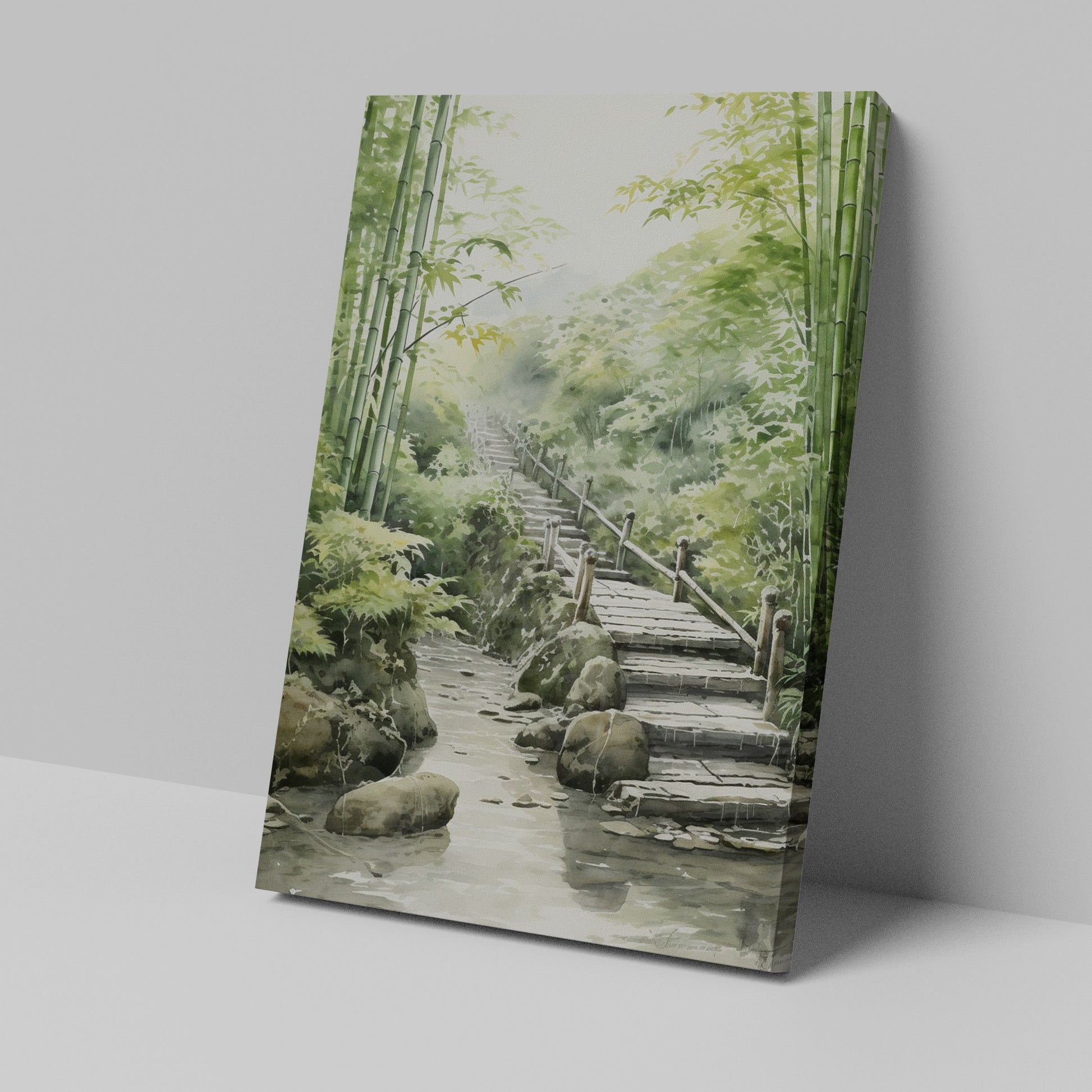 Framed canvas print of tranquil bamboo forest with arched bridge and stream in watercolour