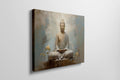 Framed canvas print of a serene Buddha meditating with warm earth tones and blue accents