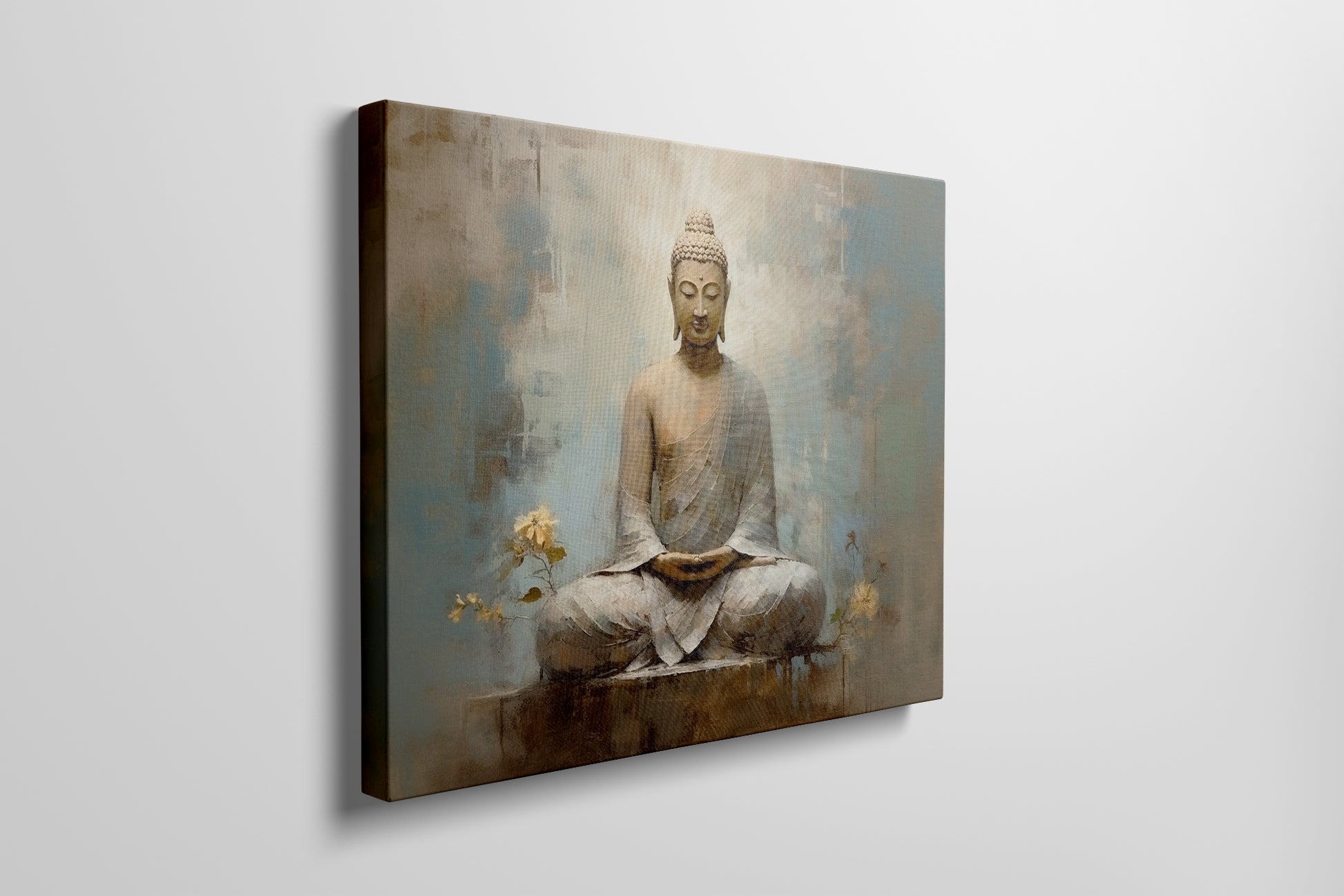 Framed canvas print of a serene Buddha meditating with warm earth tones and blue accents