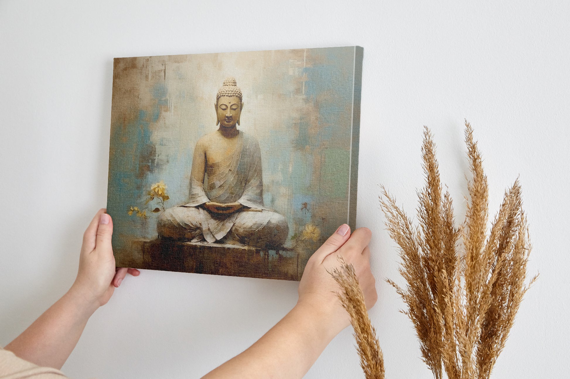 Framed canvas print of a serene Buddha meditating with warm earth tones and blue accents