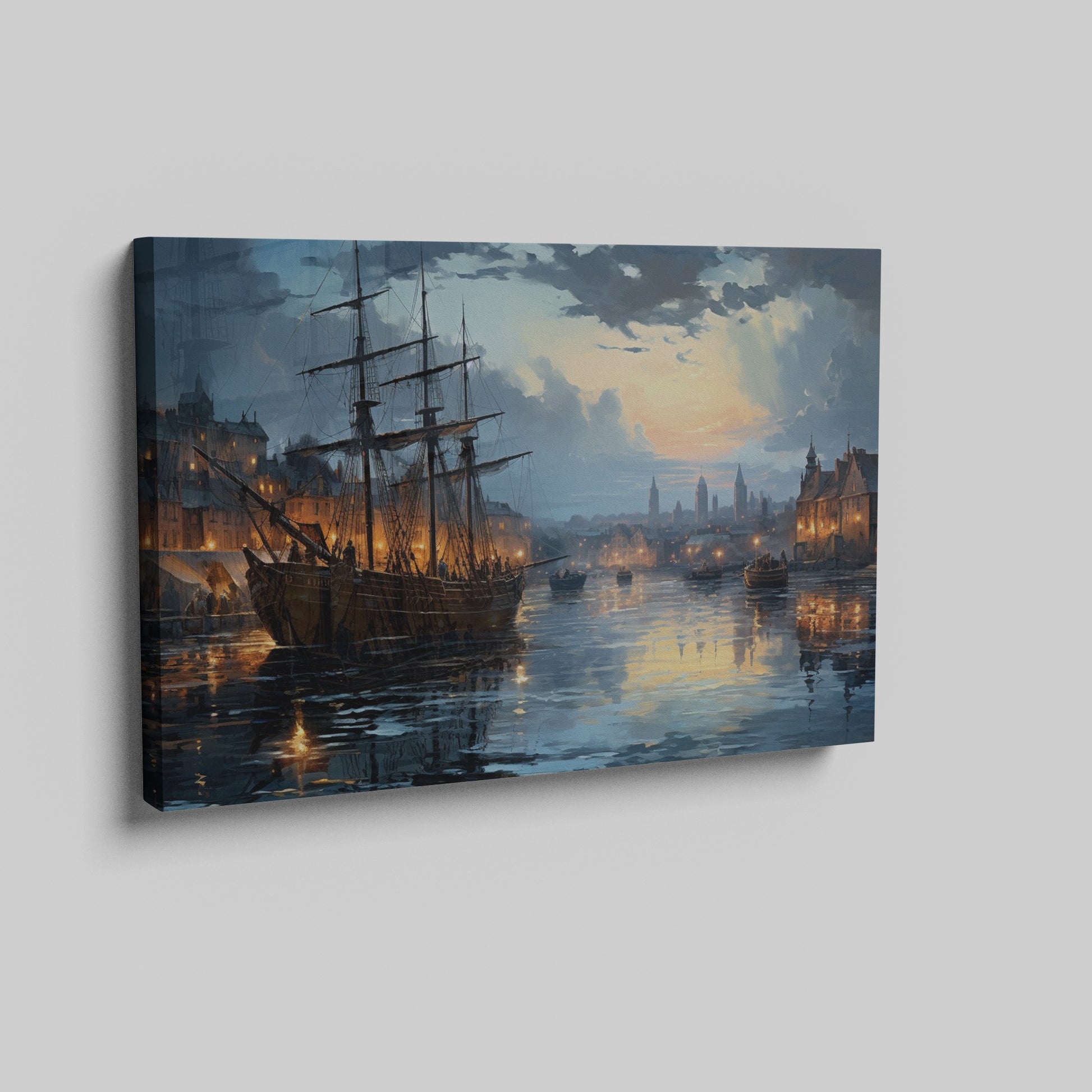 Framed canvas print of historical harbour at sunset with ships and city lights