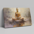 Canvas print of a meditating Buddha in warm amber and brown tones on a textured abstract background