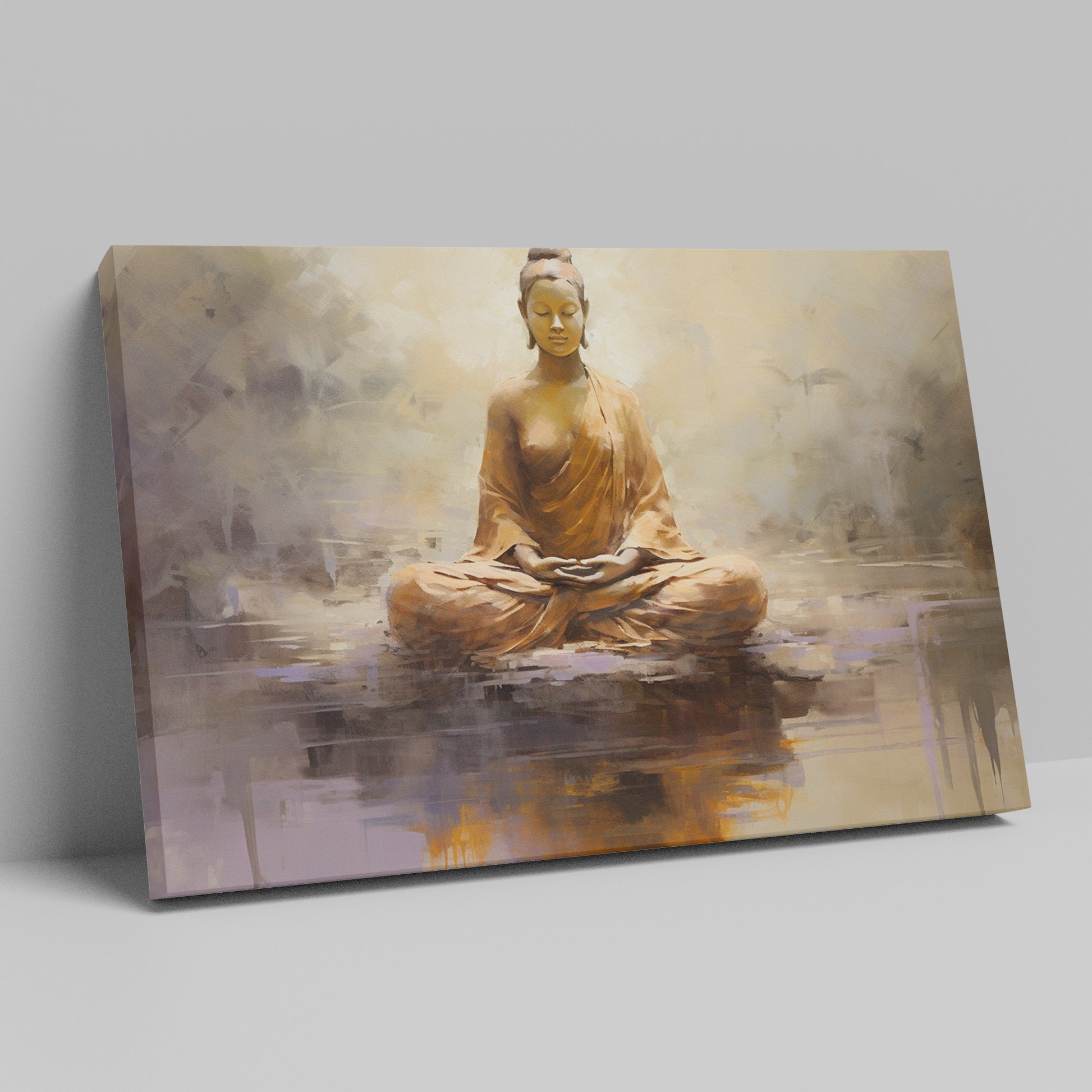 Canvas print of a meditating Buddha in warm amber and brown tones on a textured abstract background
