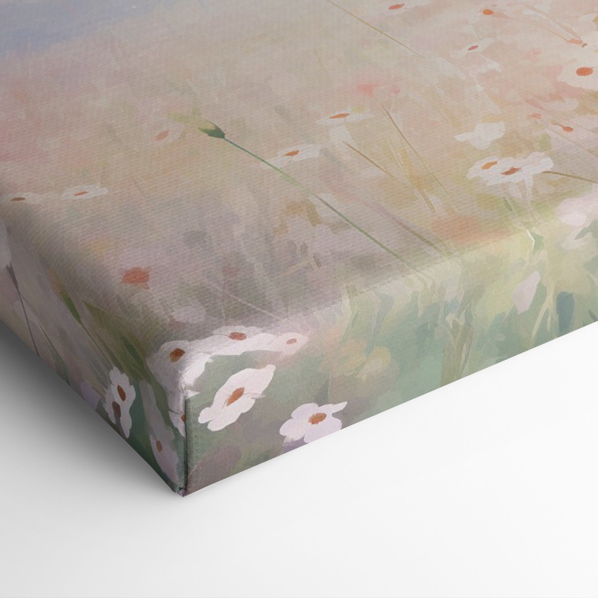 Framed canvas print of an impressionist painting of a daisy meadow at sunrise with soft pastel colours