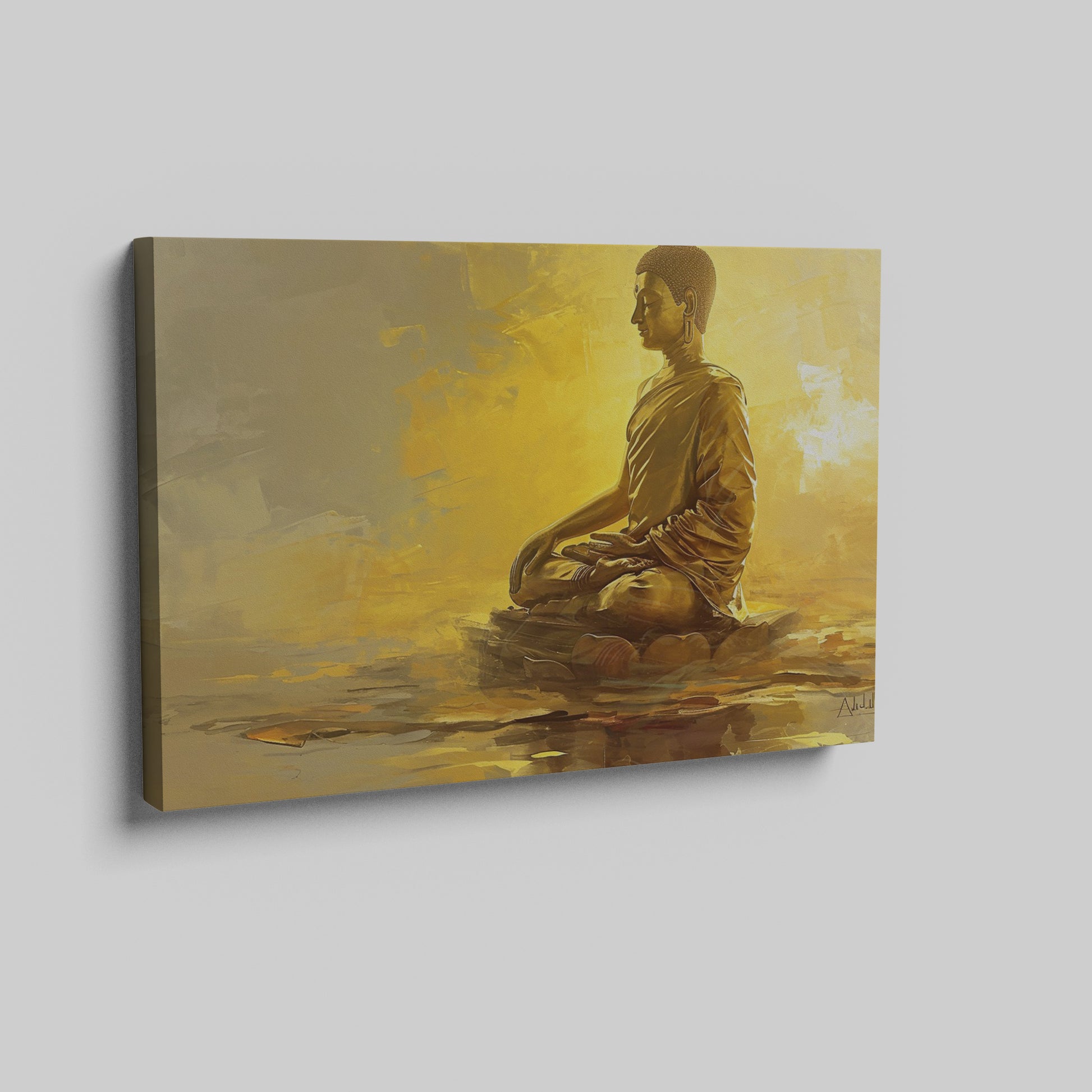 Framed canvas print of a golden Buddha in meditation