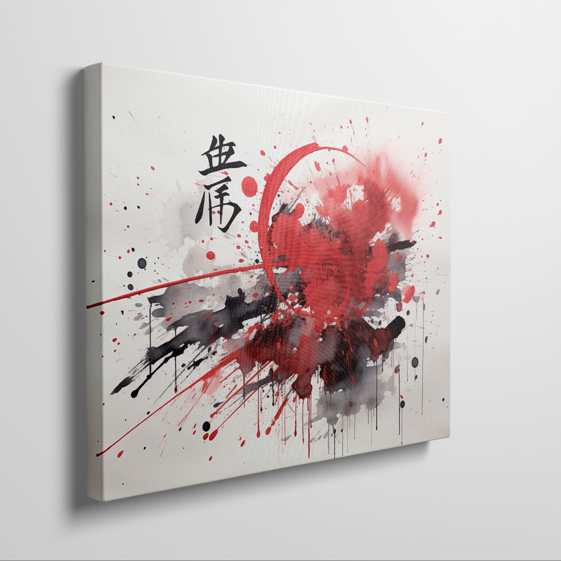 Framed canvas print of abstract red and black ink splash with oriental calligraphy