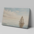 A peaceful painting of a sailboat sailing on calm ocean waters with clouds in the sky