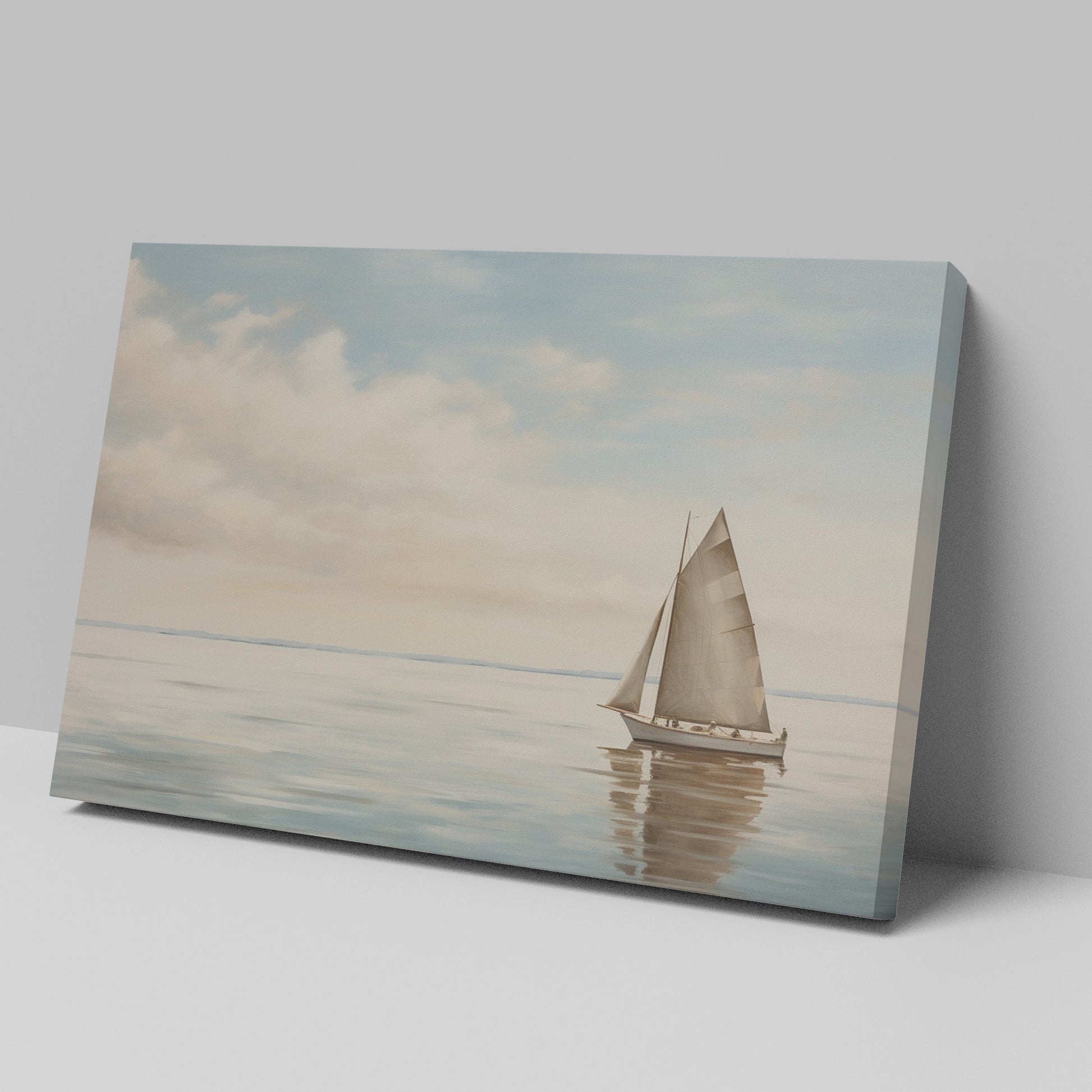 A peaceful painting of a sailboat sailing on calm ocean waters with clouds in the sky