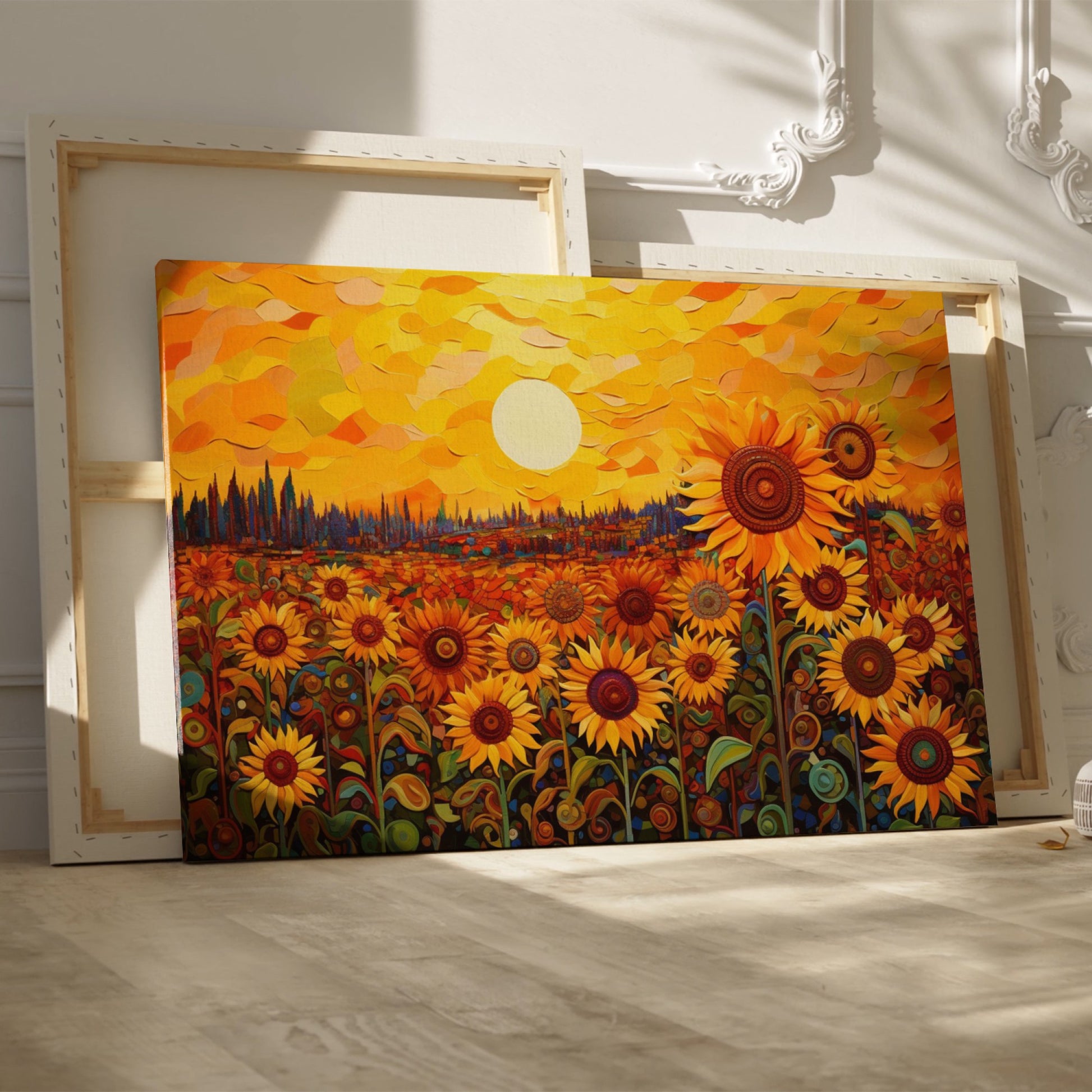 Framed canvas print of sunflowers beneath a golden sunset in an illustrative style