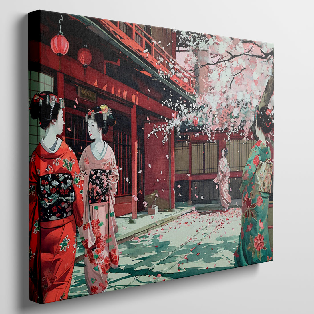 Canvas print showing Japanese geishas in red kimonos under cherry blossoms