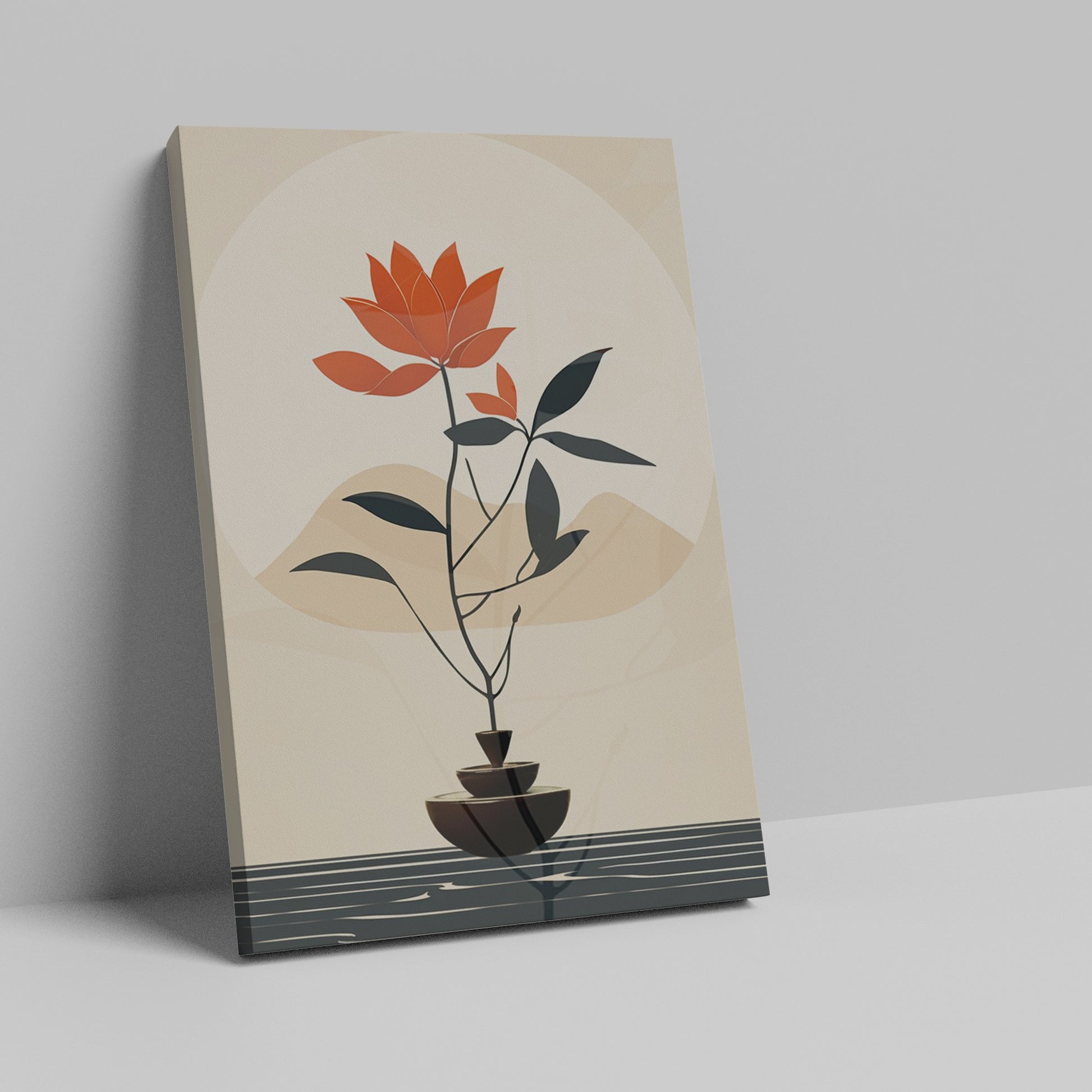 Framed canvas print of a minimalist bonsai tree silhouette against an abstract nature background
