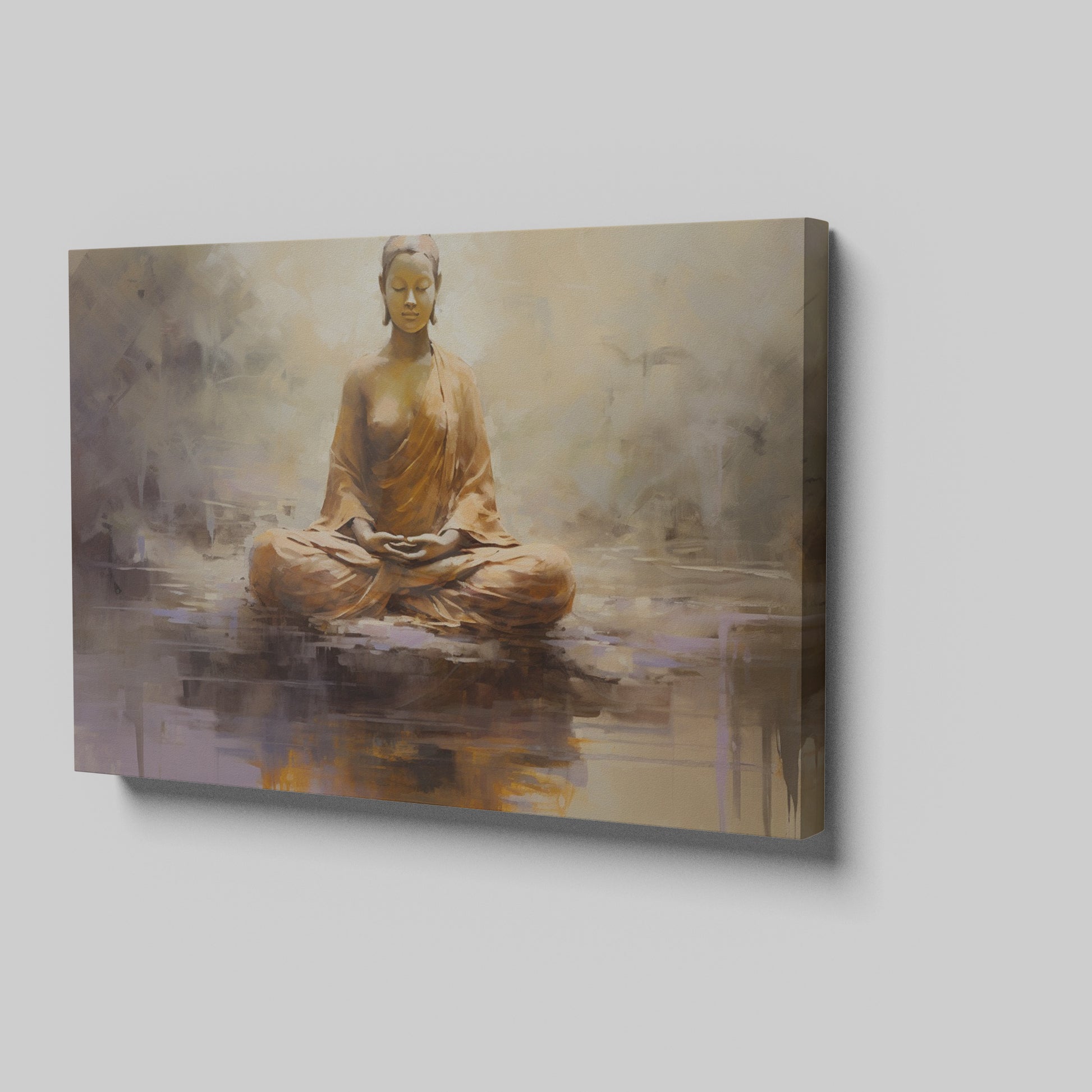 Canvas print of a meditating Buddha in warm amber and brown tones on a textured abstract background