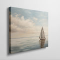 A peaceful painting of a sailboat sailing on calm ocean waters with clouds in the sky