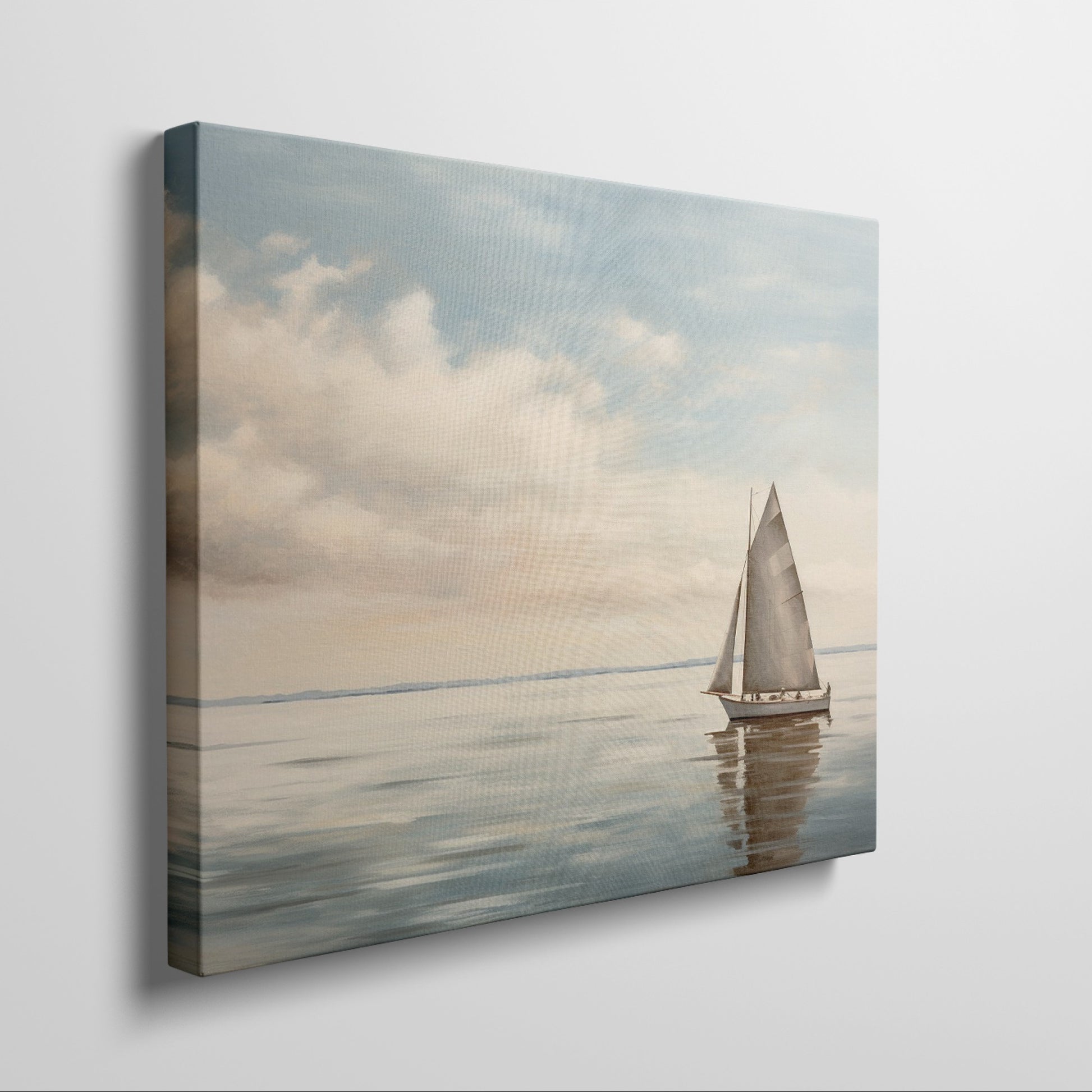 A peaceful painting of a sailboat sailing on calm ocean waters with clouds in the sky